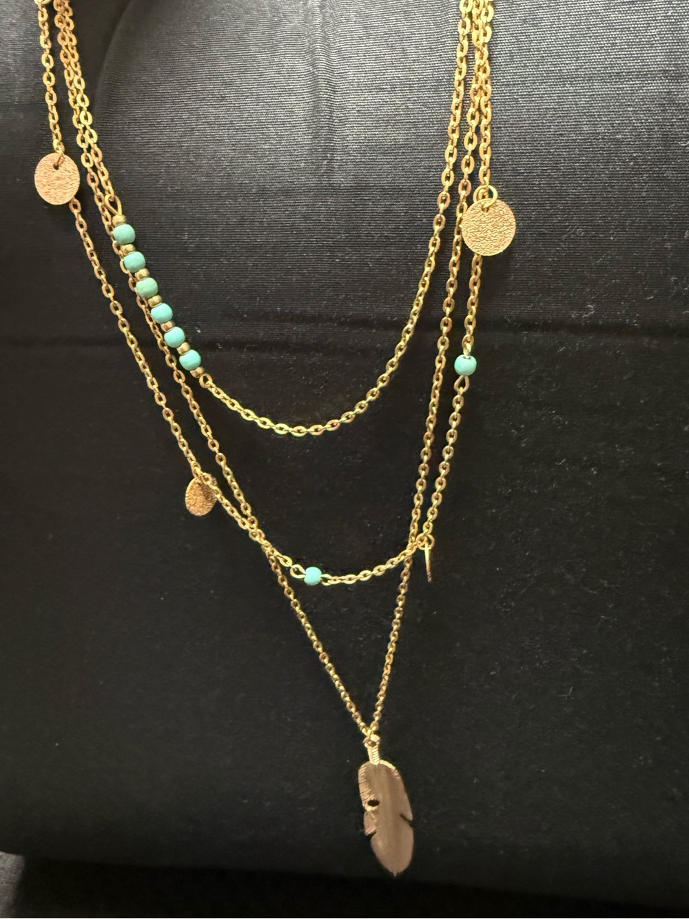 Rose Gold Layered Necklace with Turquoise Beads and Feather Pendant